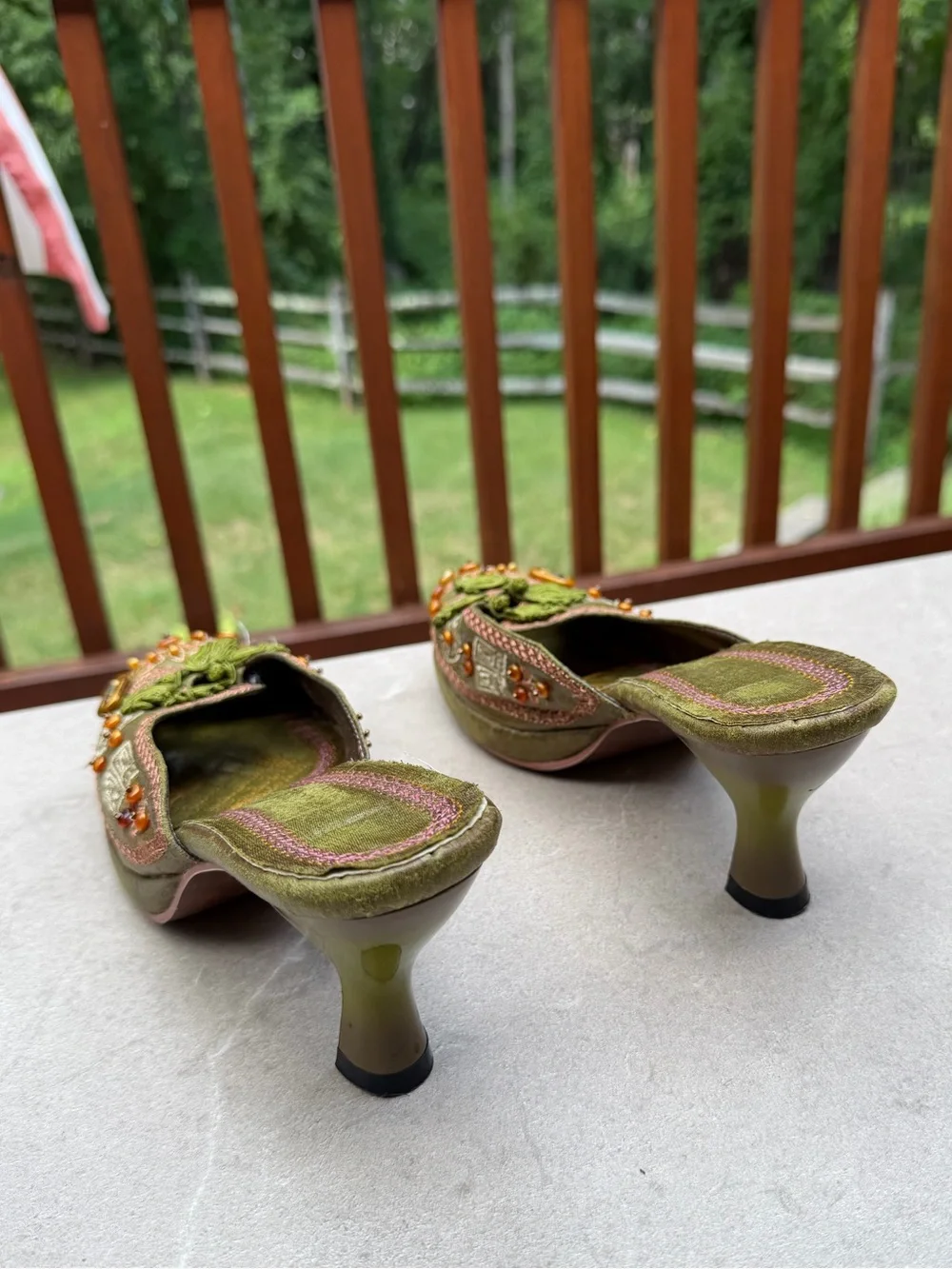 Vintage 90s Y2K Whimsigoth Beaded Embroidered Kitten Heel Mules
